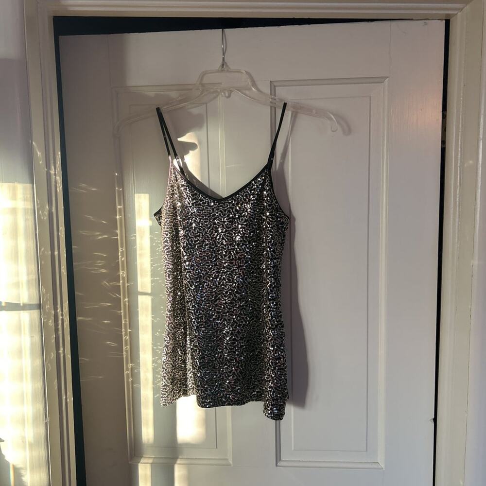 EXPRESS Gray Sequin Spaghetti Strap Cami Top